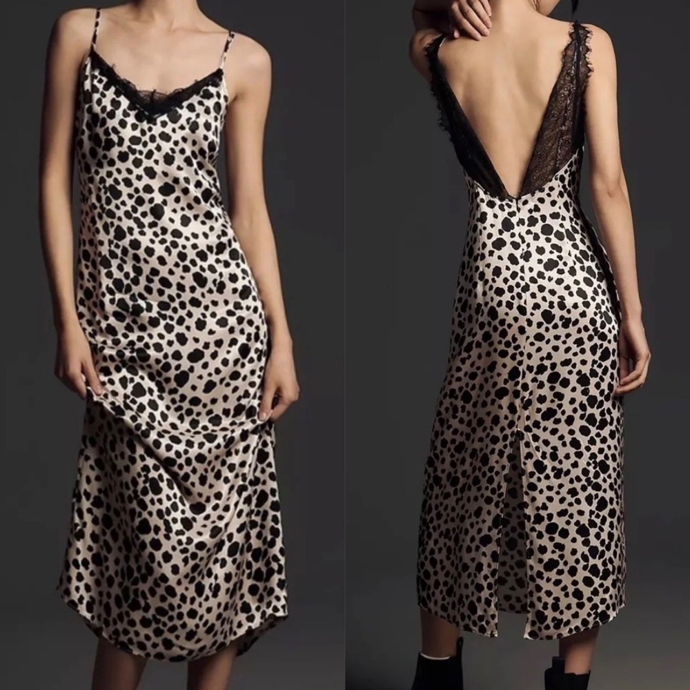 Anthropologie Animal Print Satin Midi Slip Dress M Lace Cocktail Party Y2K Event
